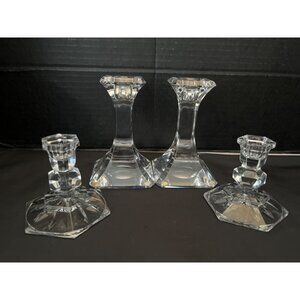 Orrefors 5 1/4” Pair Crystal Candlestick Holders & 3 1/4” Crystal Pair